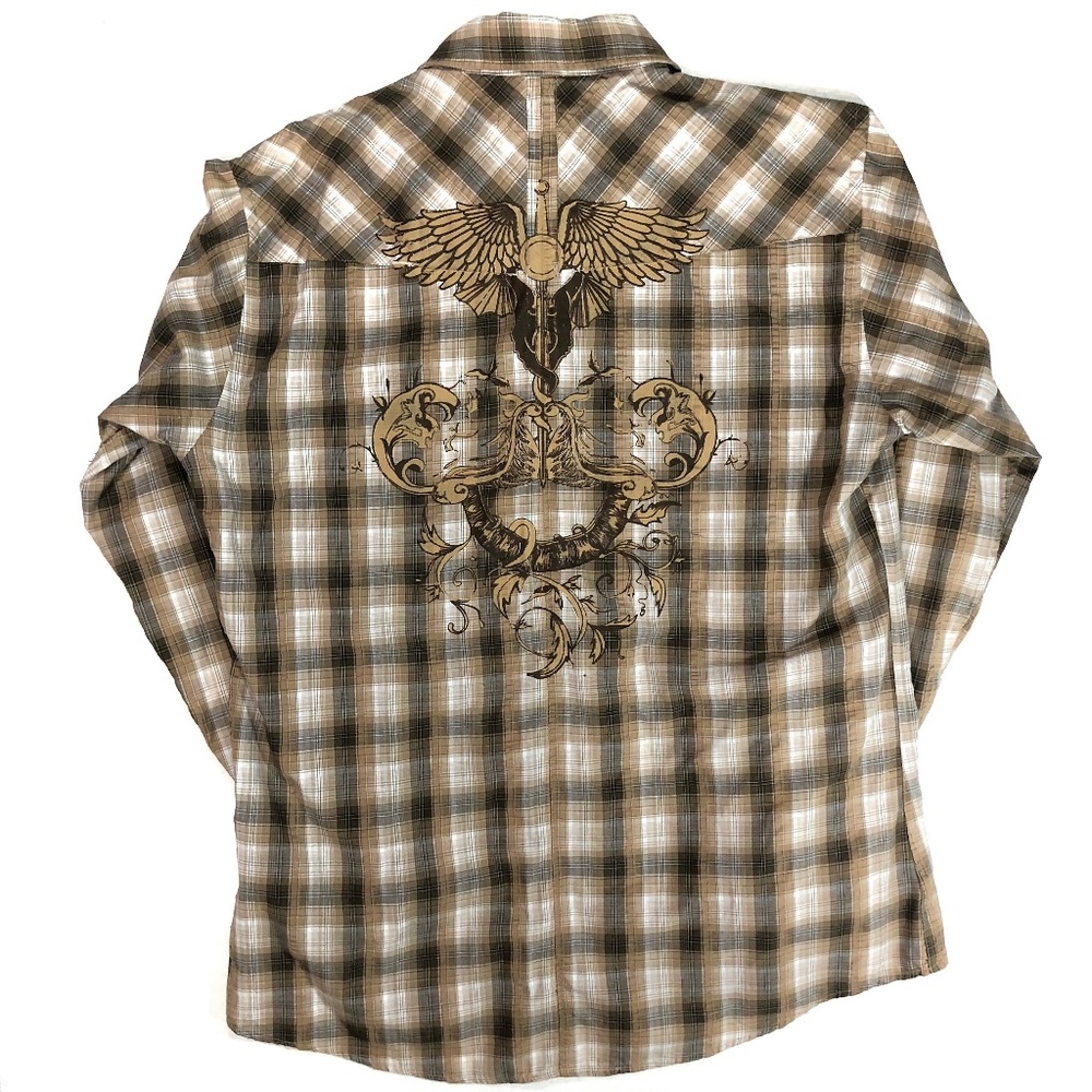 Men’s Empra Brown Plaid Long Sleeve Shirt, Size L